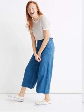 Madewell Pull-On drawstring wide leg Crop Pants blue denim jeans look cotton XS